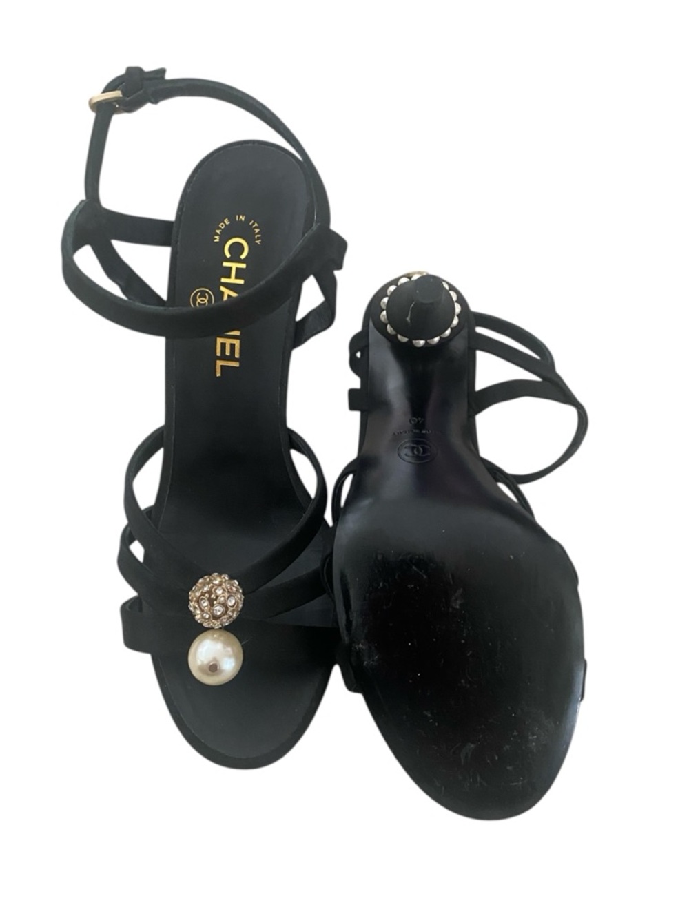 CHANEL Black Satin Strappy Heels with Pearl & Crystal Ornaments size 40 - Picture 2 of 11
